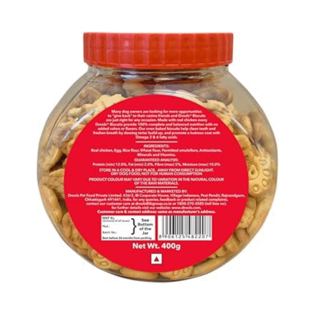 Drools Dog Treat Biscuits, Chicken and Egg Flavor 400g Jar, All Life Stages - Image 2